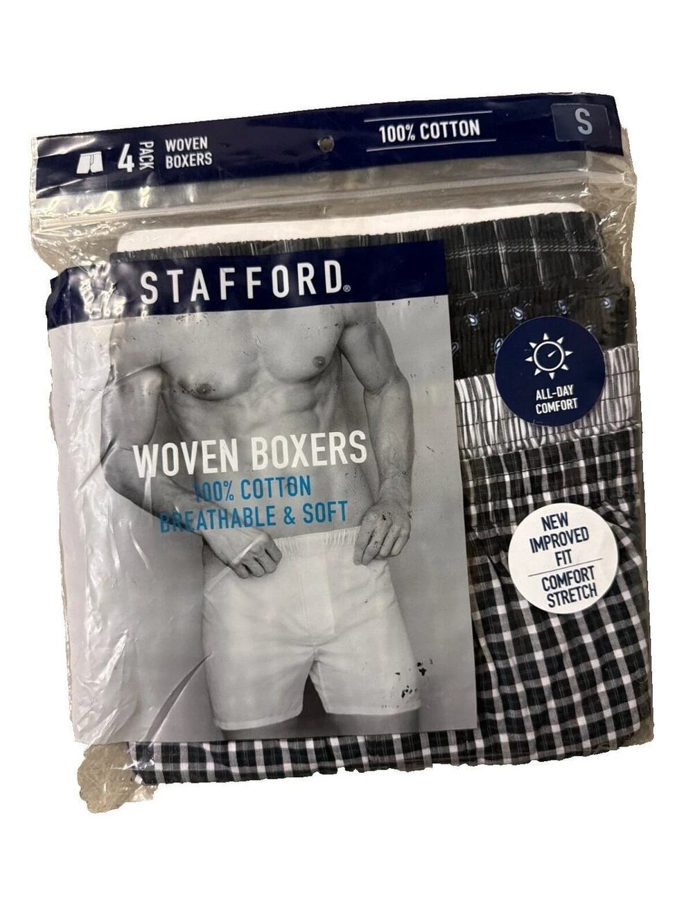 Stafford Woven Boxers Mens Small 28-30 100% Cotton Plaid Underwear 4 Pack New